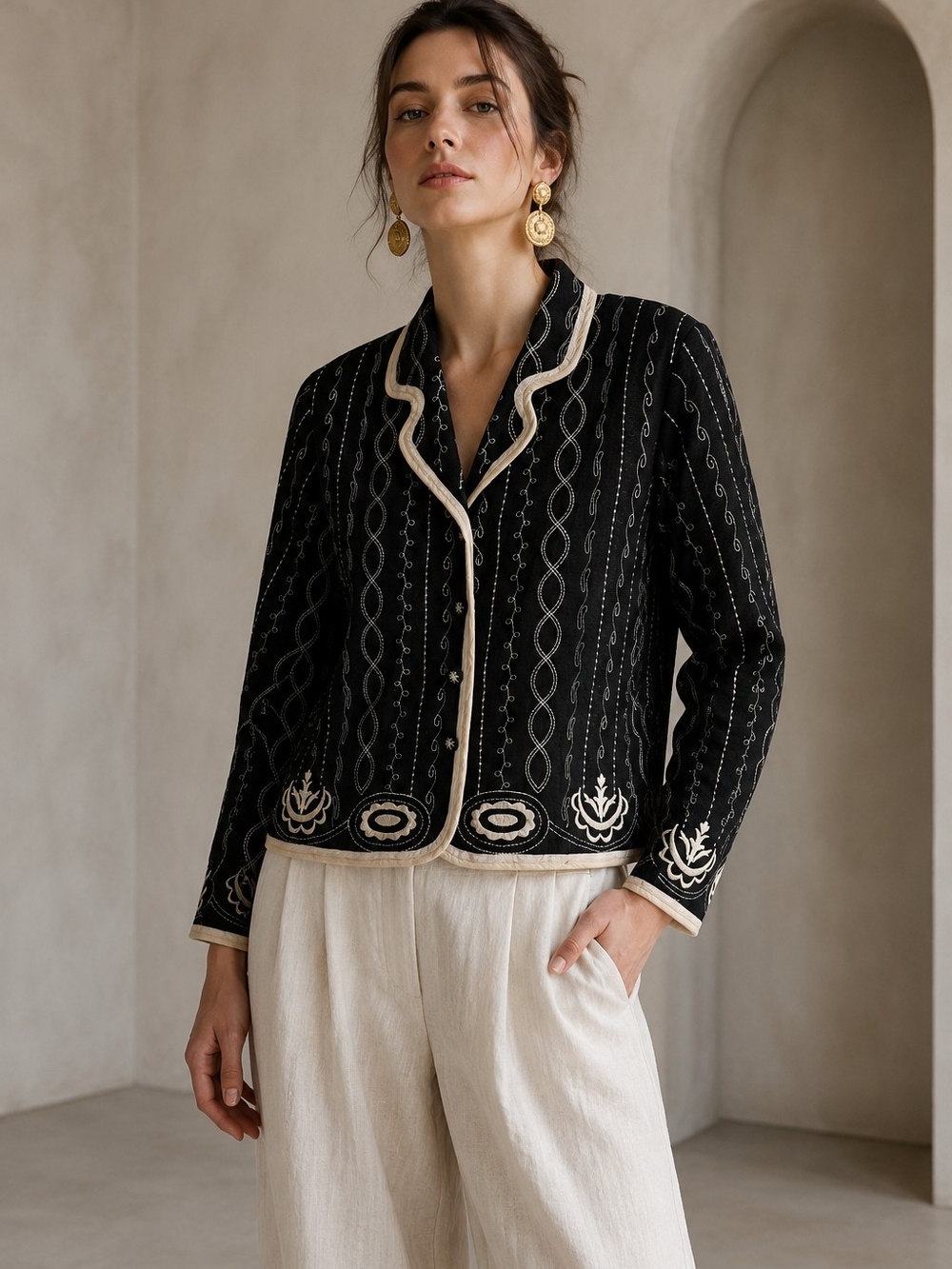 Silk Linen Blend Boho Embroidered Jacket  Artisan Black Ivory M Office Luxury